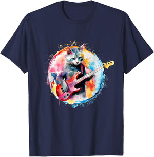 Cat Playing Bass Guitar Watercolor Graphic Design Women Girls Kids T-Shirt - T-Shirt | Navy