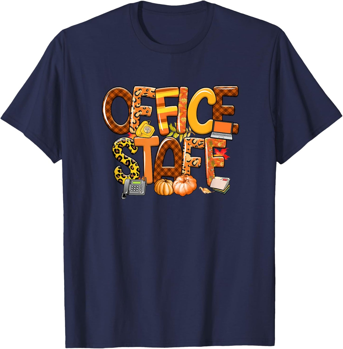 Office Staff Leopard Buffalo Plaid Pumpkin Fall Thanksgiving T-Shirt - T-Shirt | Navy
