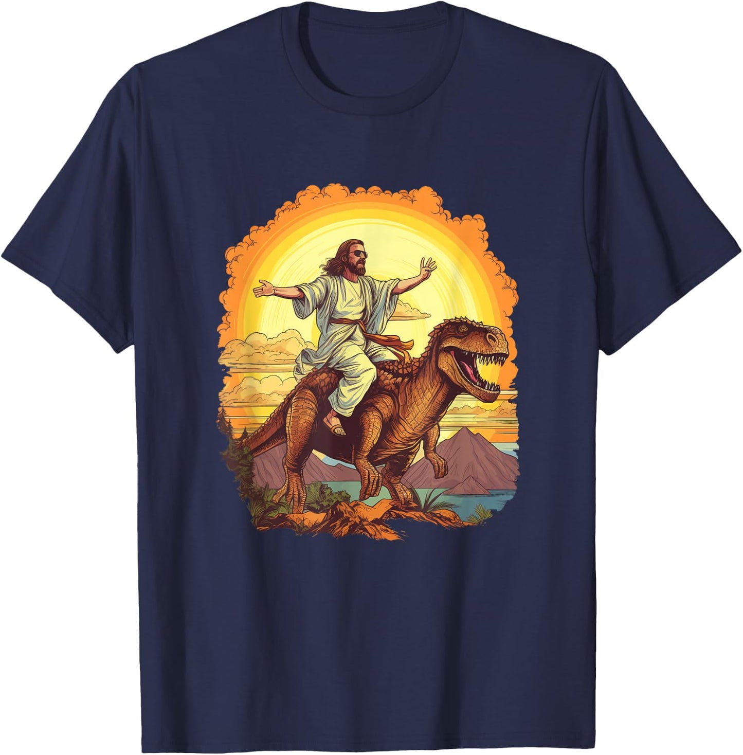 Lustiger Jesus reitender T-Rex Dinosaurier Meme Parodie für Gläubige T-Shirt - T-Shirt | Navy