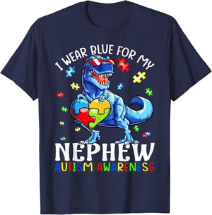 I Wear Blue For My Nephew Autism Awareness Dinosaur T Rex T-Shirt - T-Shirt | Navy
