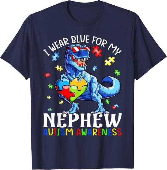 I Wear Blue For My Nephew Autism Awareness Dinosaur T Rex T-Shirt - T-Shirt | Navy
