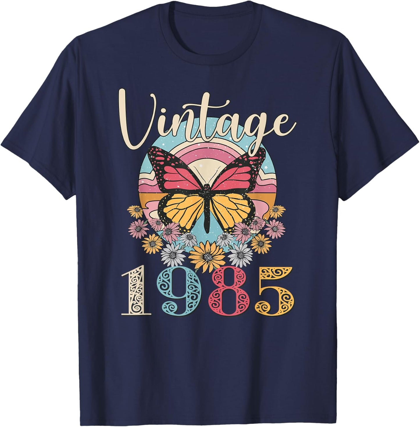 Vintage 37th 1985 Butterfly Floral Birthday Women Mom Gifts T-Shirt - T-Shirt | Navy