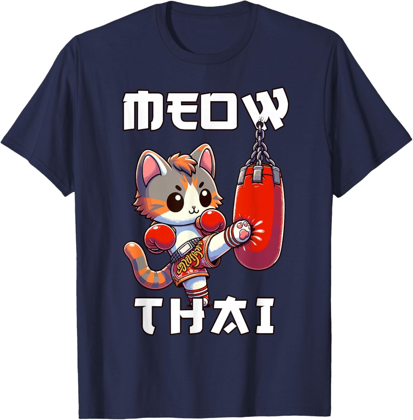 Funny Muay Thai | Meow Thai & Thai Boxing | Muay Thai Cat T-Shirt - T-Shirt | Navy