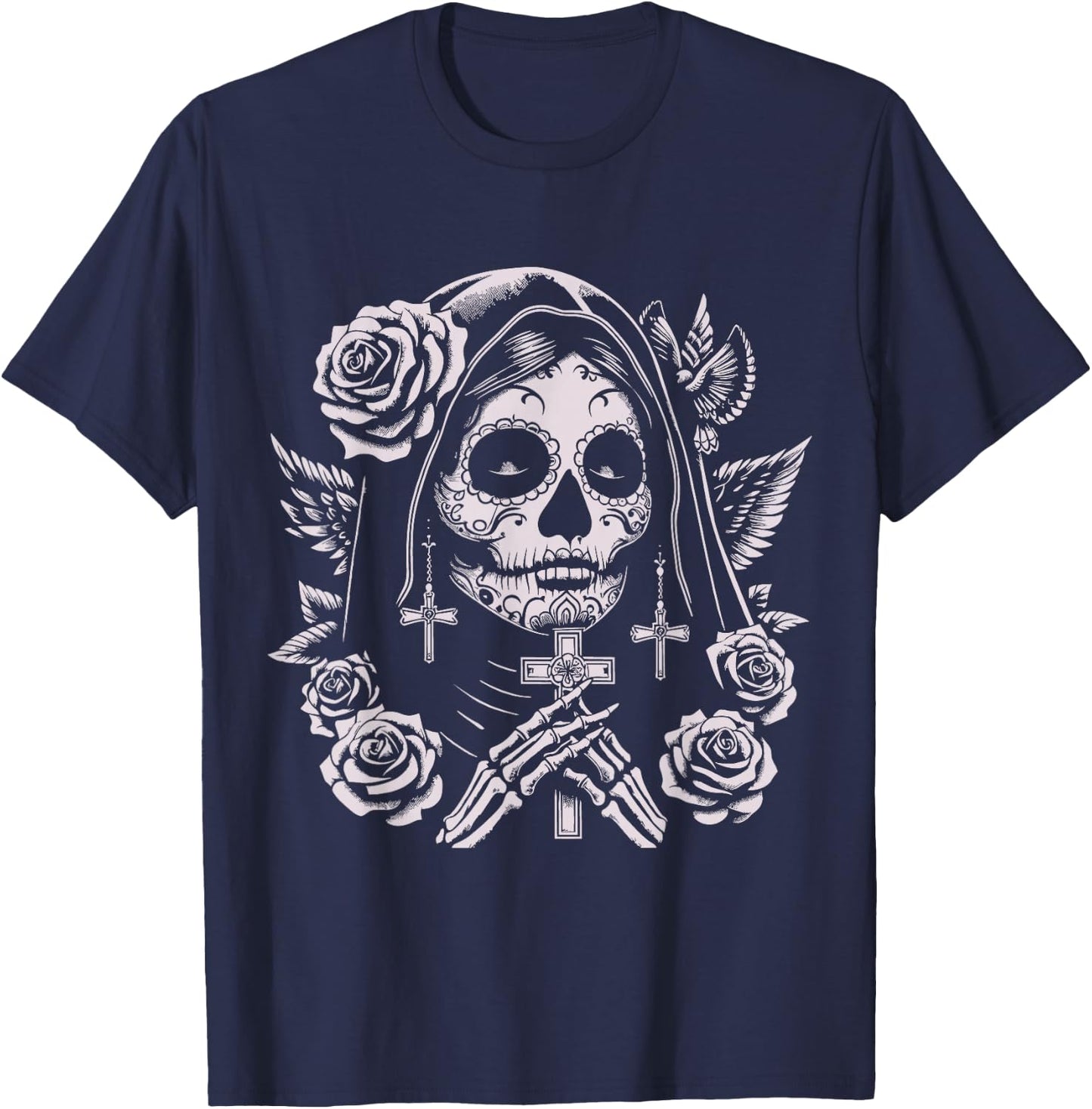 Skull Santa Muerte Grim Reaper , Black, S T-Shirt - T-Shirt | Navy