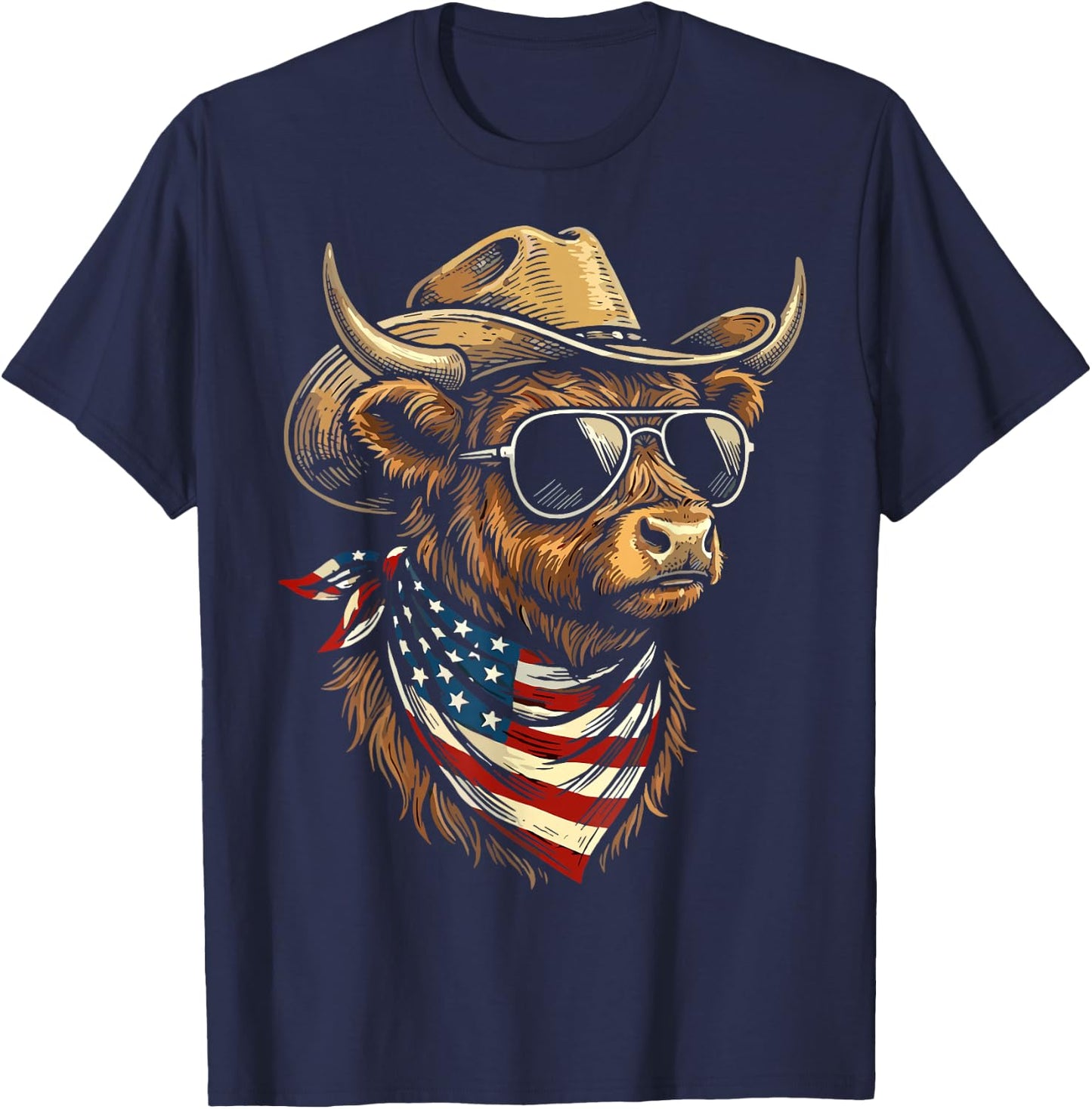 USA Patriotic Cowboy Highland Cow Western 4th of July T-Shirt - T-Shirt | Navy