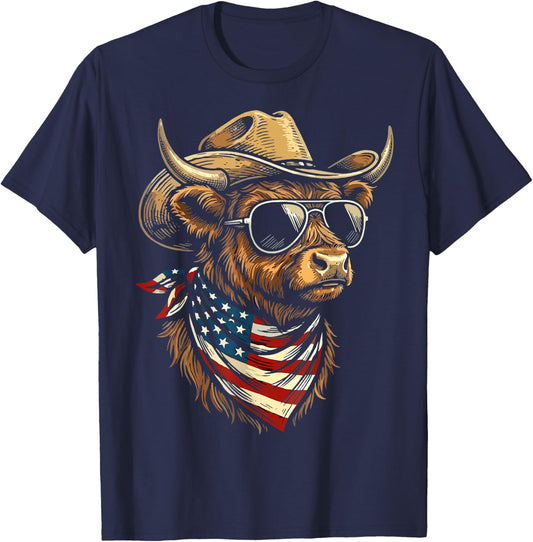 USA Patriotic Cowboy Highland Cow Western 4th of July T-Shirt - T-Shirt | Navy