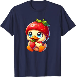 Cute Cartoon Duck Strawberry Fruit Whimsical T-Shirt - T-Shirt | Navy