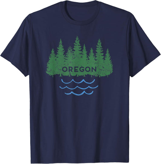 Oregon Trees Silhouette Nature Outdoorsy Men Women Kids T-Shirt - T-Shirt | Navy