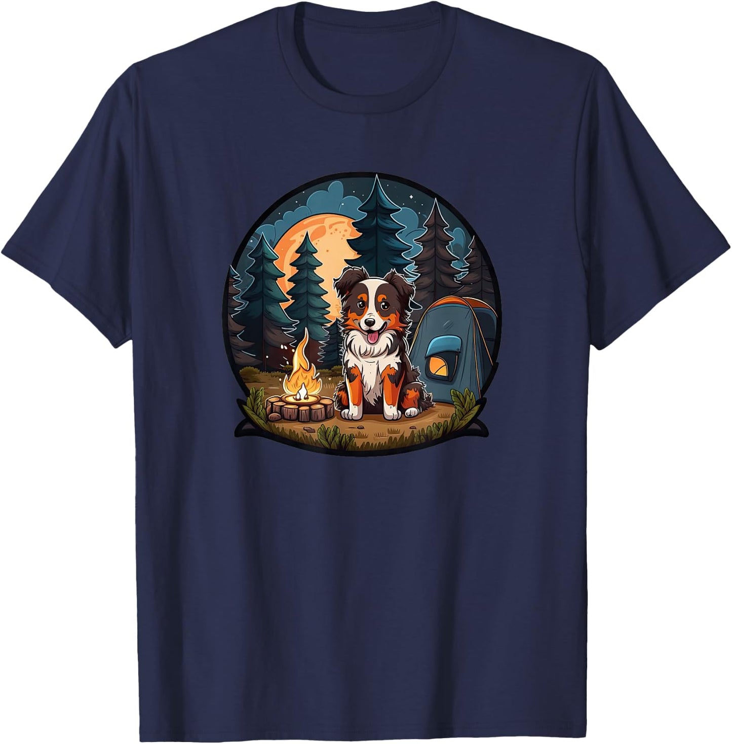 Cute Aussie Dog Camping in the Forest: Australian Shepherd T-Shirt - T-Shirt | Navy