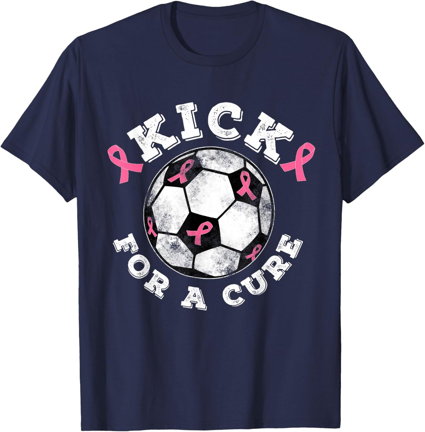 Kick For a Cure Pink Ribbon Breast Cancer Awareness Soccer T-Shirt - T-Shirt | Navy