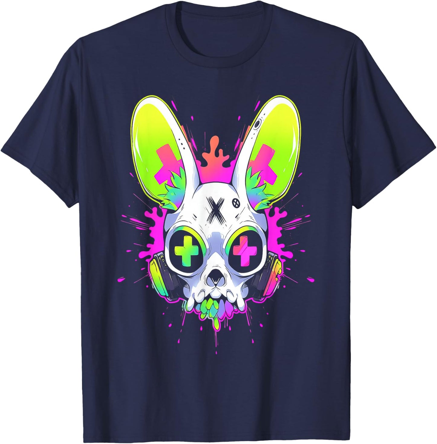 Psychedelic Techno Rabbit | Rave EDM Punk Grunge Aesthetic T-Shirt - T-Shirt | Navy