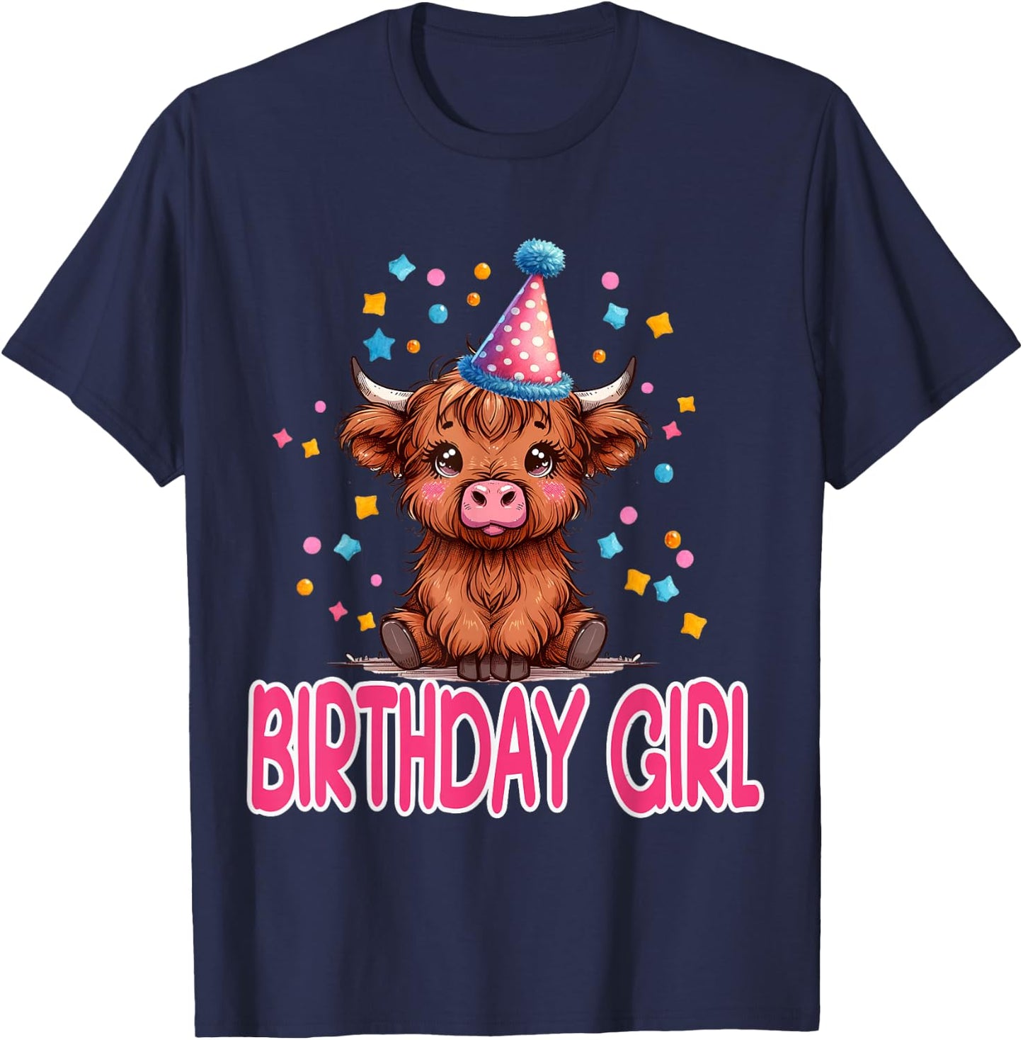 Cow Birthday Cute Fluffy Cow Birthday Girl Hat Confetti T-Shirt - T-Shirt | Navy
