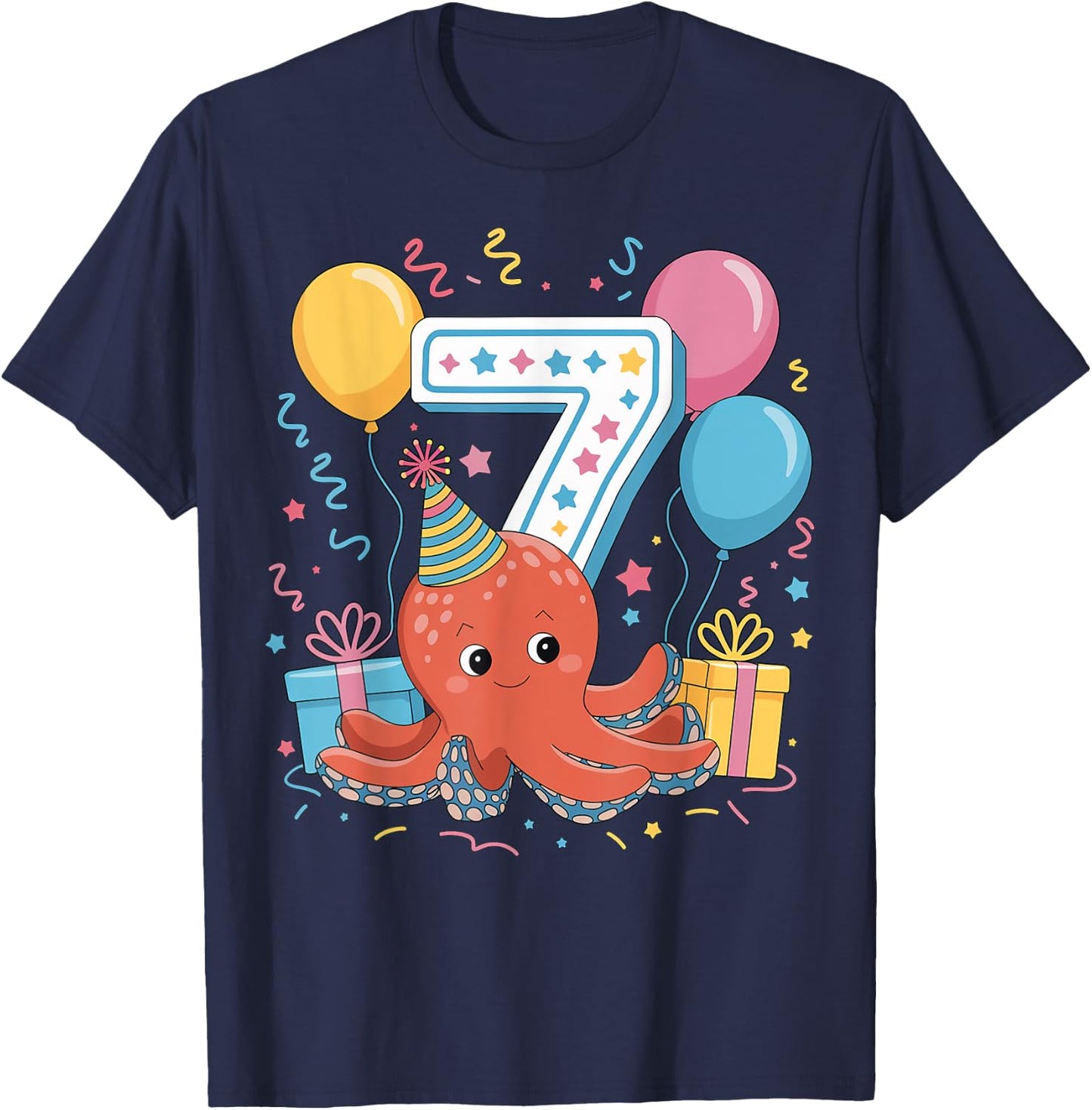 Octopus 7th birthday boy girl 7 years old seventh Octopus T-Shirt - T-Shirt | Navy