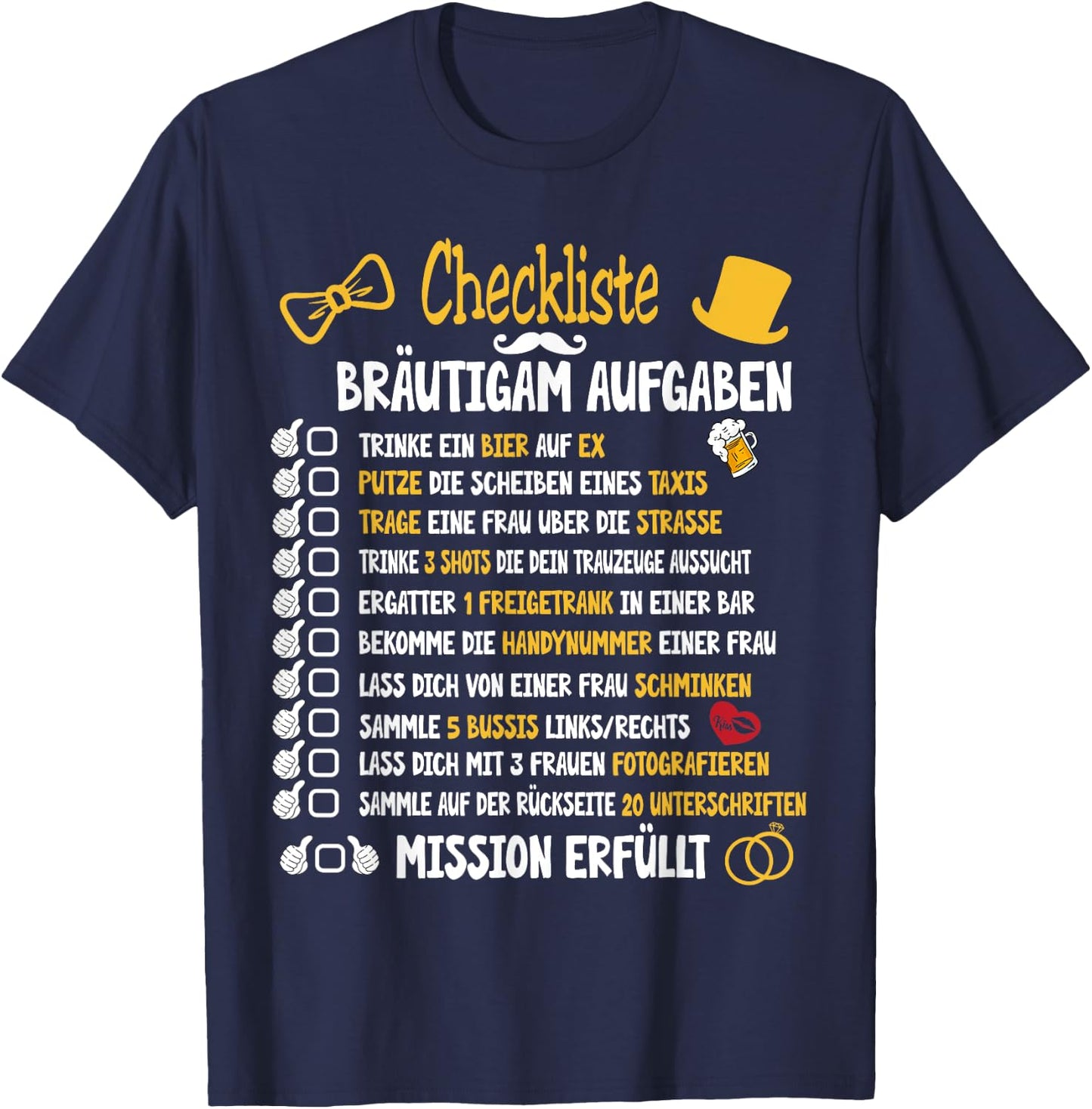 Junggesellenabschied Mann Kostüm & Polter Shirts Groom Tasks Rumbling JGA Checklist Black Small Short Sleeve Classic Fit T-Shirt - T-Shirt | Navy