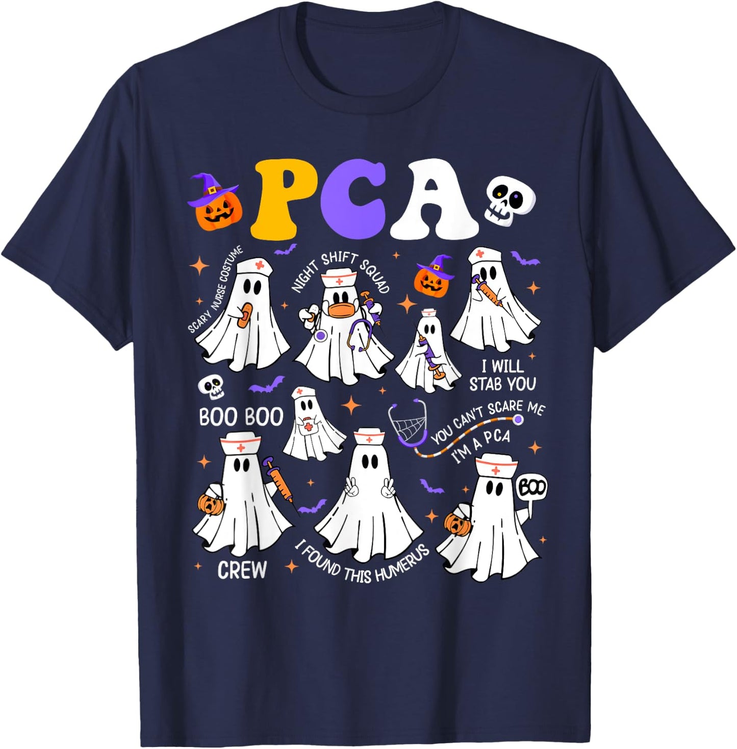 Spooky PCA Ghost Halloween Cute Groovy Nursing Halloween T-Shirt - T-Shirt | Navy