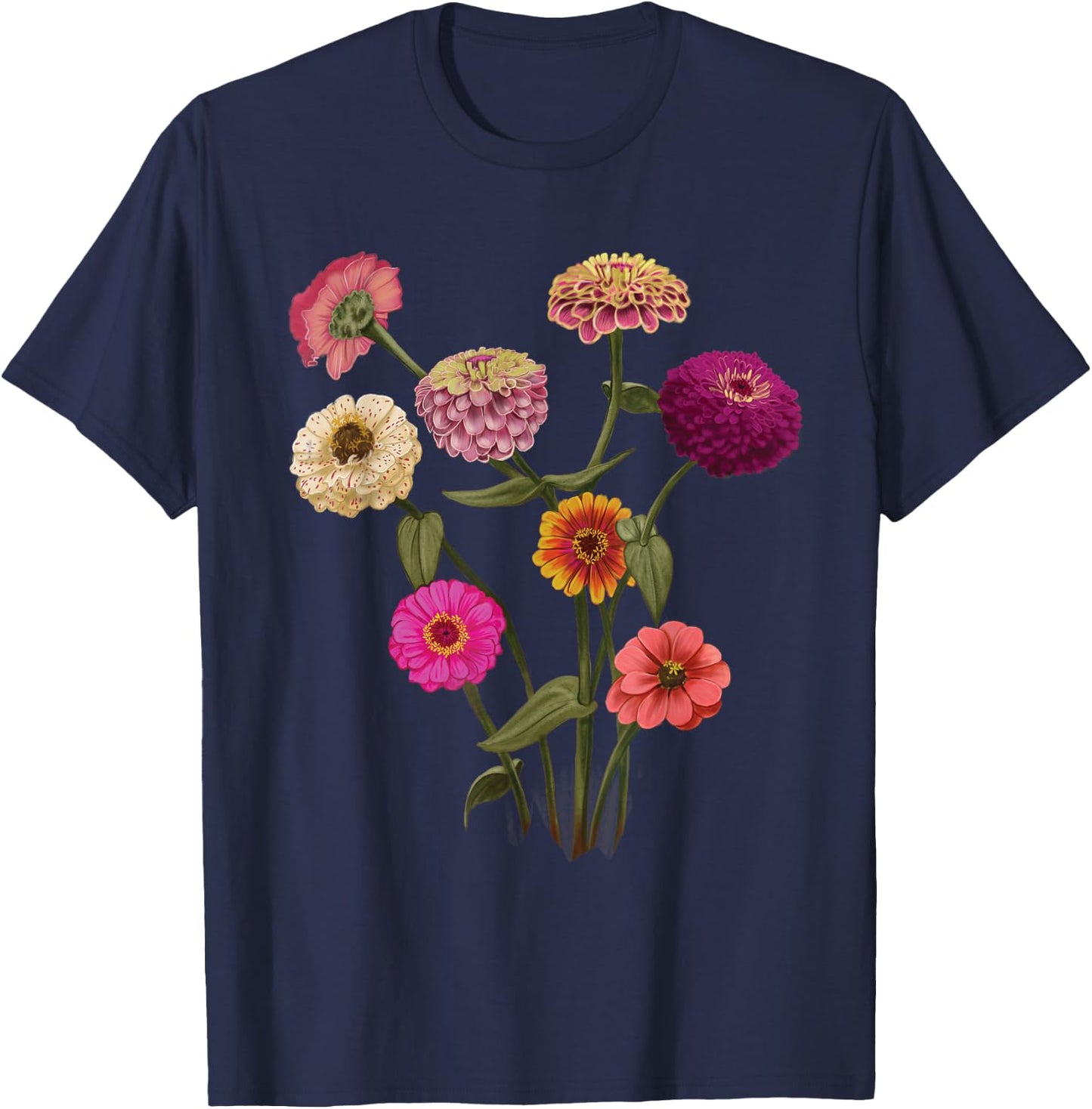 Happy Zinnia Wildflowers, Handpainted Style Graphic T-Shirt - T-Shirt | Navy