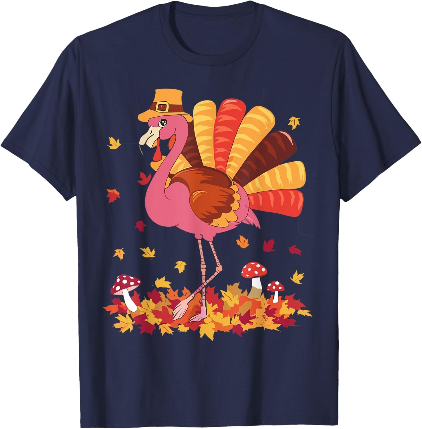 Flamingo Turkey Cute Flamingo Turkey Fall Leaf Thanksgiving T-Shirt - T-Shirt | Navy