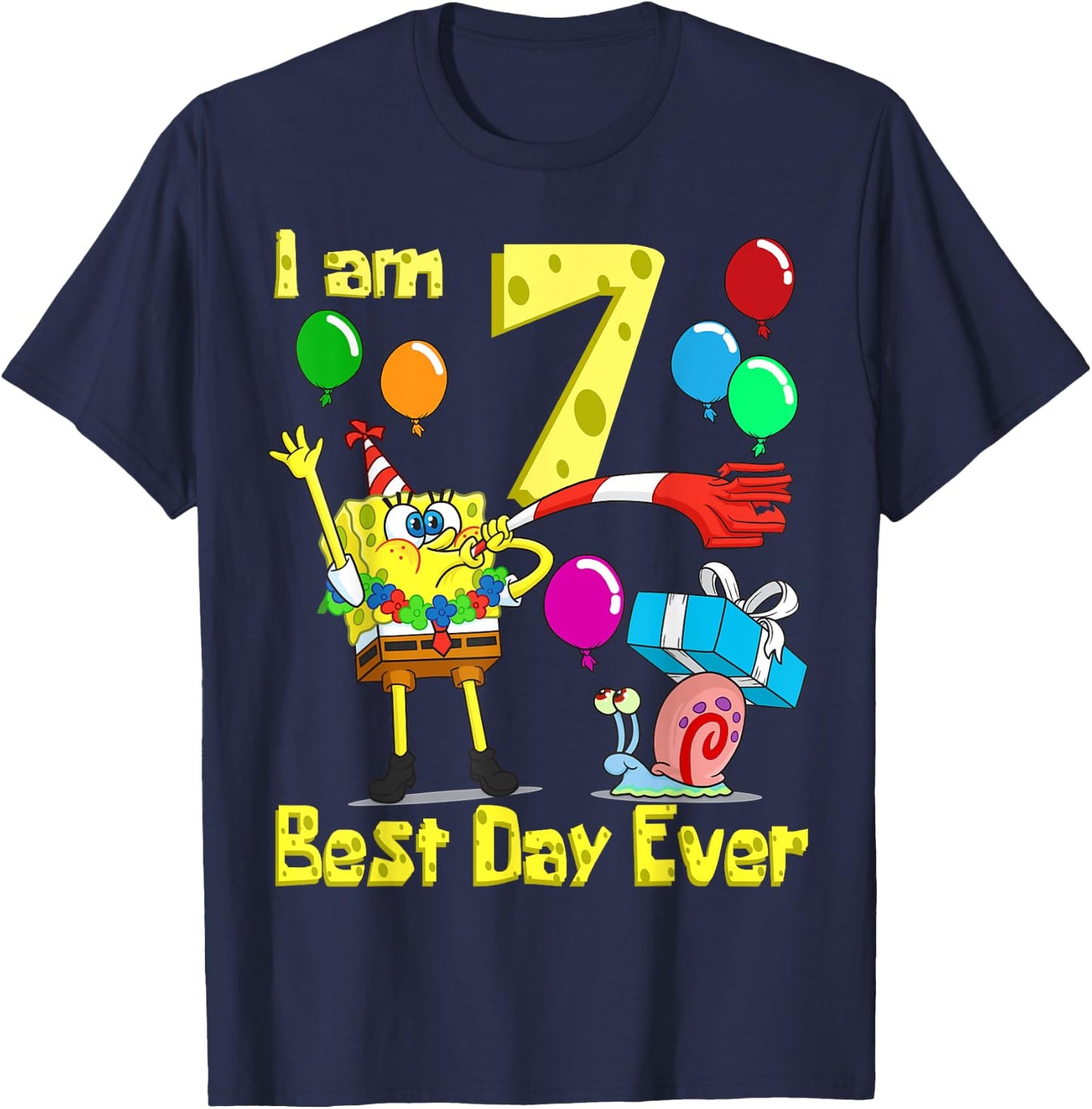 Mademark x SpongeBob SquarePants - SpongeBob I am 7 Years Old Birthday Party T-Shirt - T-Shirt | Navy