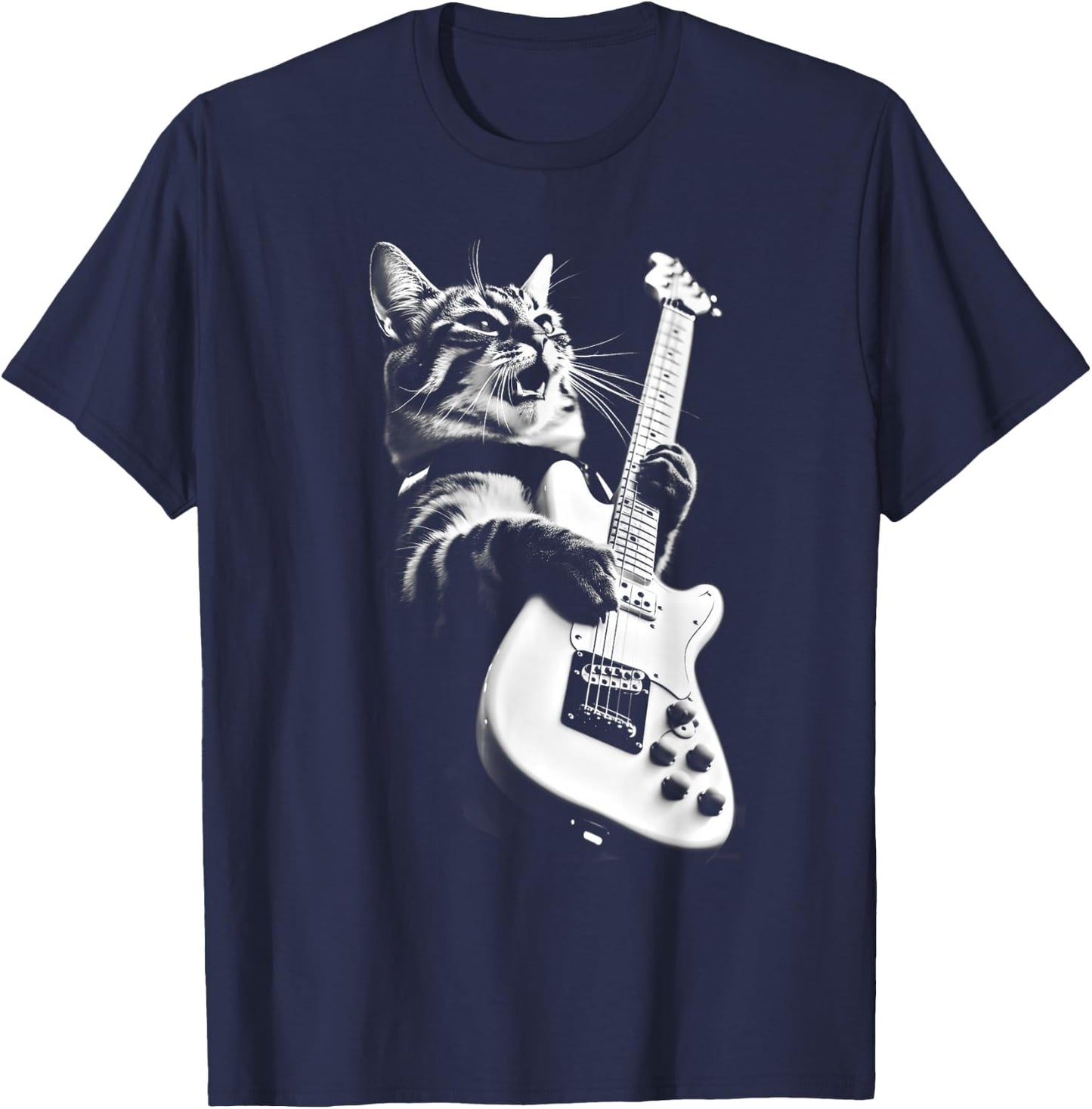 Rock Cat Playing Guitar - Funny Guitar Cat T-Shirt - T-Shirt | Navy
