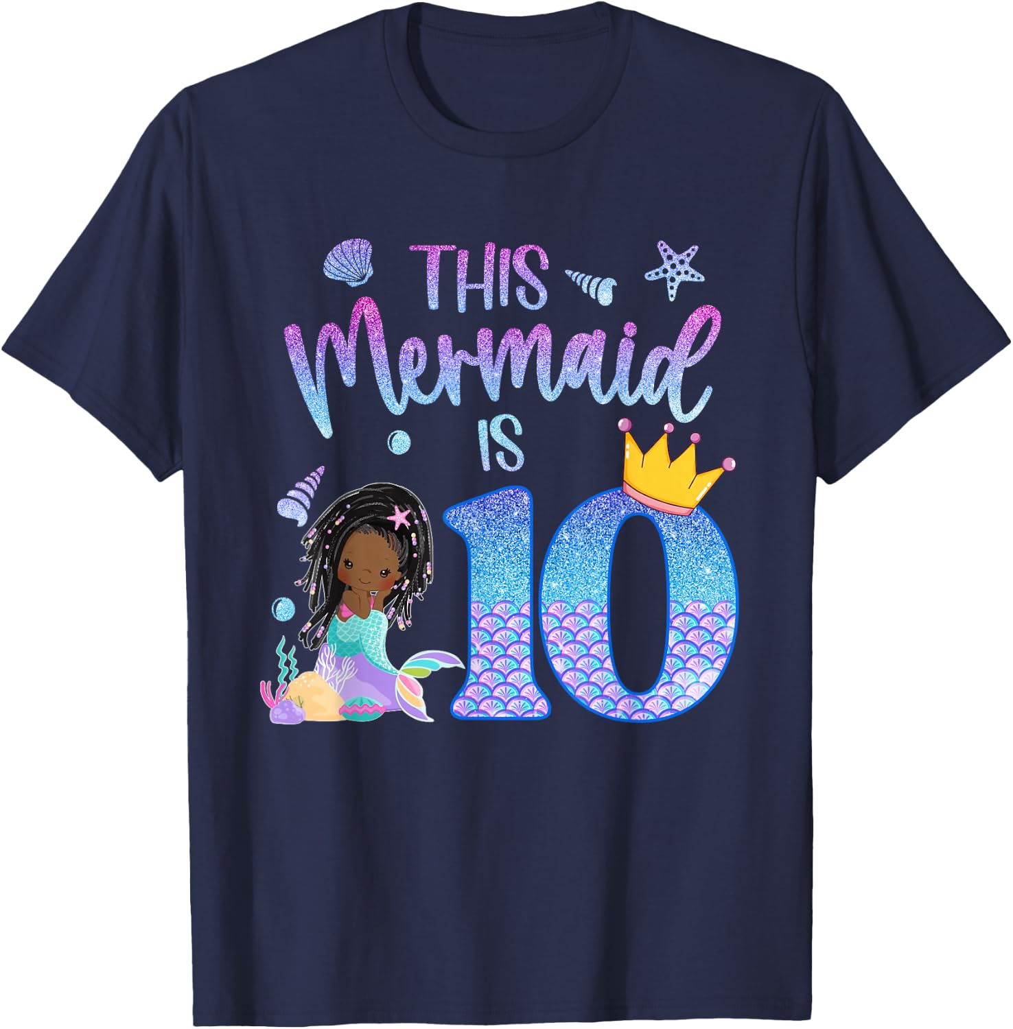 Black Mermaid 10 Year Old Girl Birthday 10th Bday Cute T-Shirt - T-Shirt | Navy