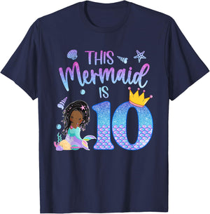 Black Mermaid 10 Year Old Girl Birthday 10th Bday Cute T-Shirt - T-Shirt | Navy