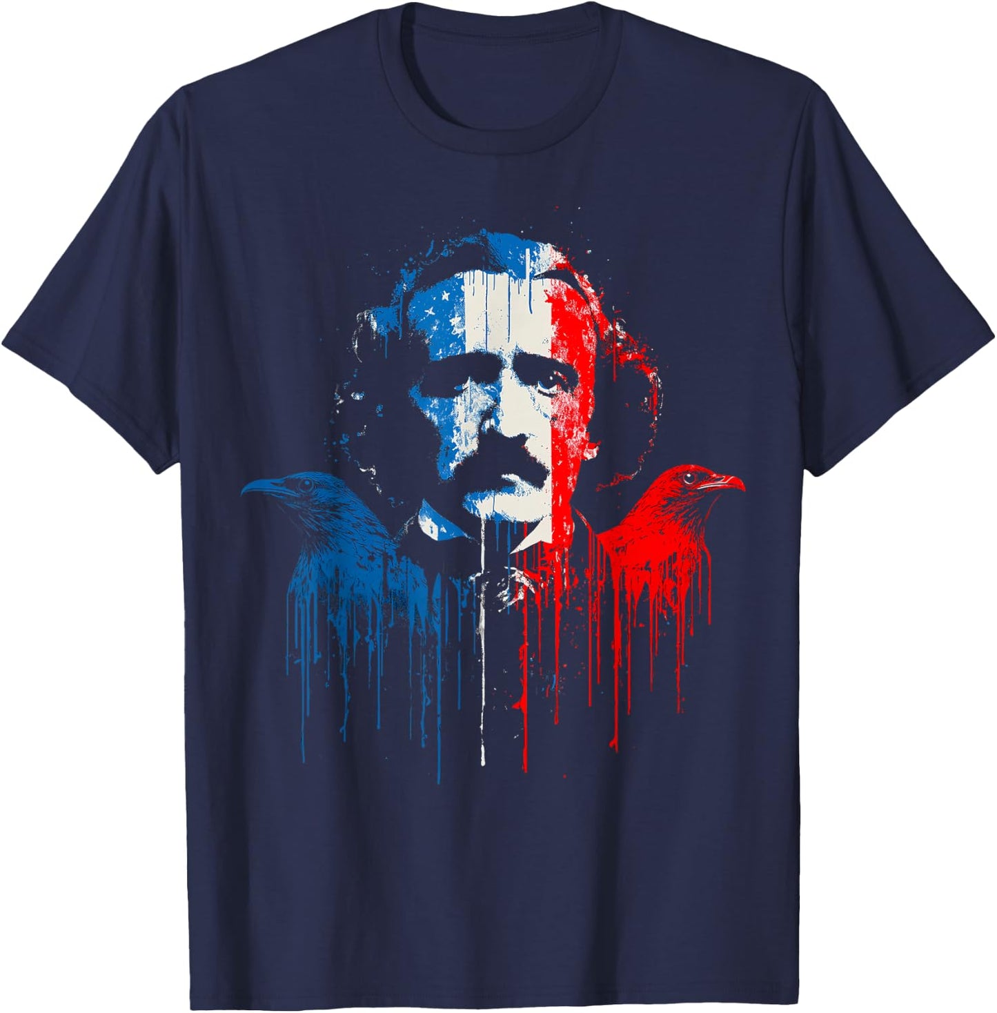 Edgar Allan Poe Horror Fiction American Flag USA Drip T-Shirt - T-Shirt | Navy