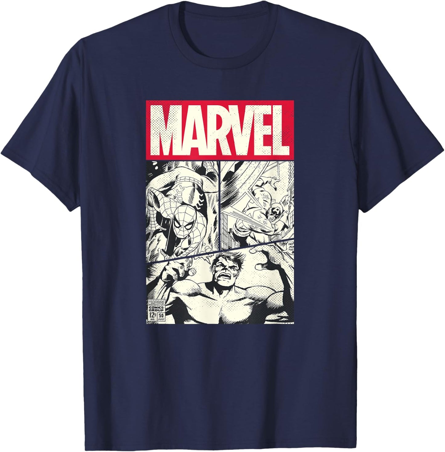 Marvel Comic Cover With Spider-Man, Captain America, Hulk , Black, S T-Shirt - T-Shirt | Navy