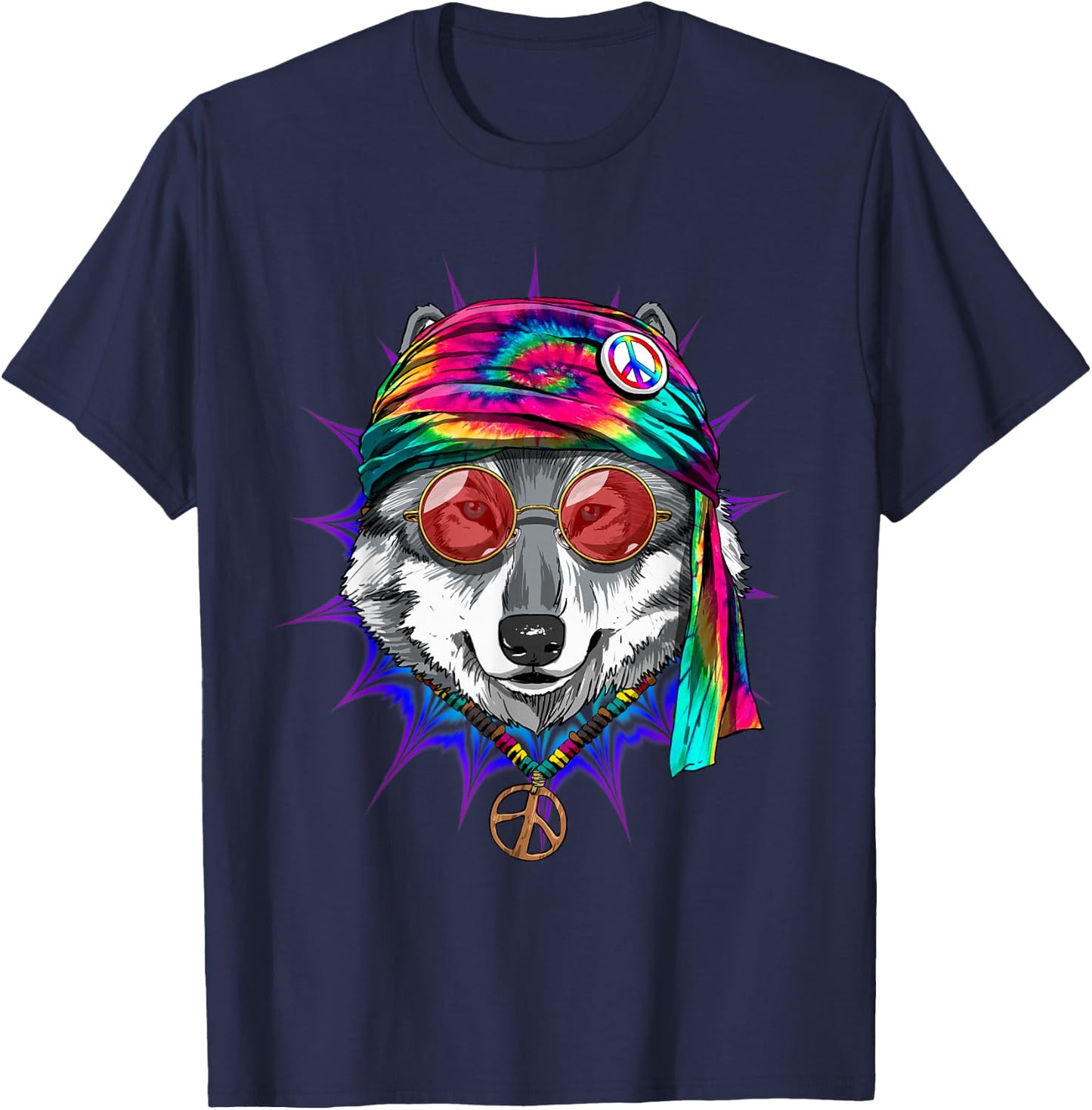Tie Dye Hippie Wolf Hippiness Peace Love Wolf T-Shirt - T-Shirt | Navy