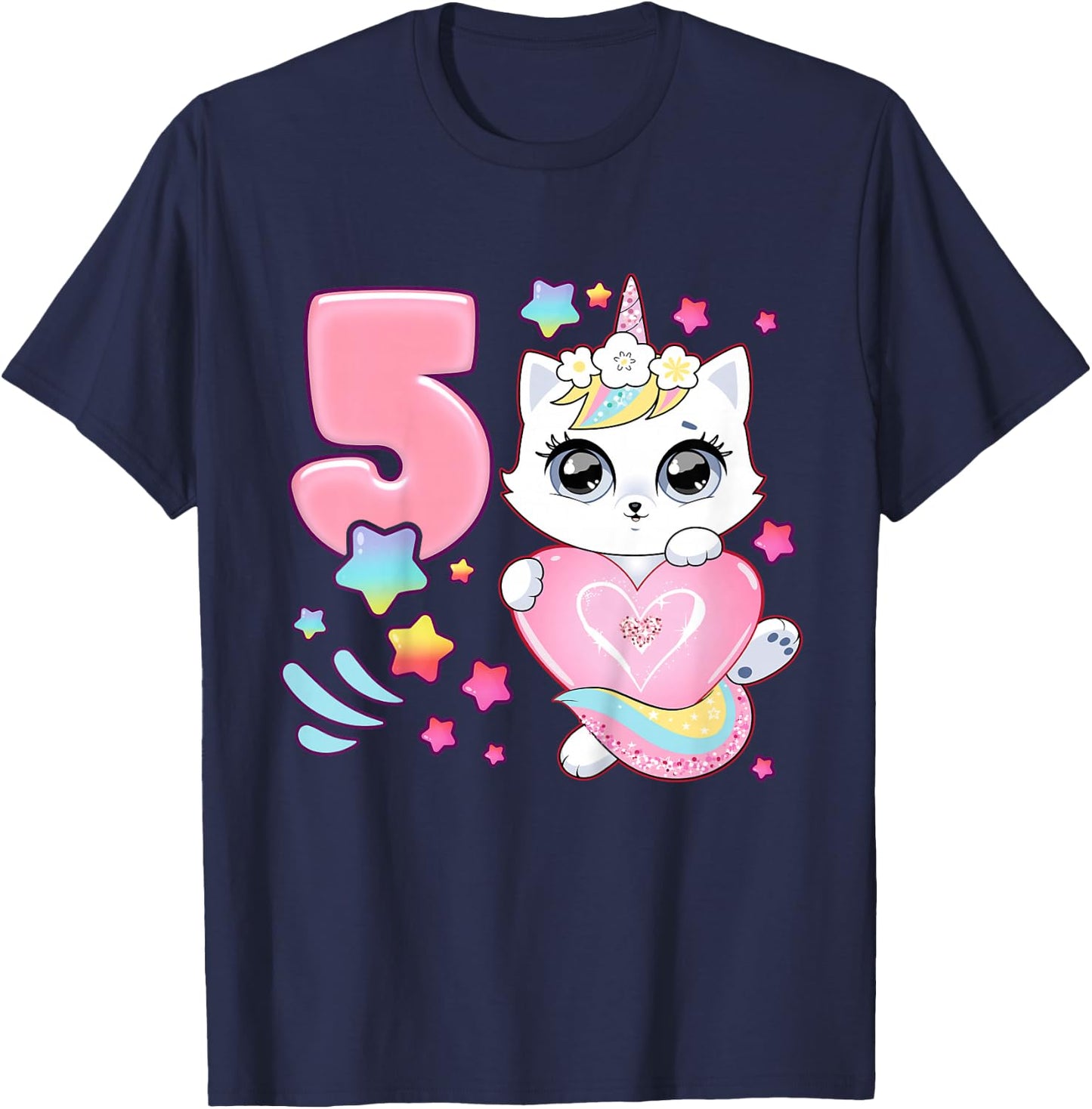 Geburtstag Mädchen 5 Jahre, Katze, Einhorn, 5. Geburtstag T-Shirt - T-Shirt | Navy