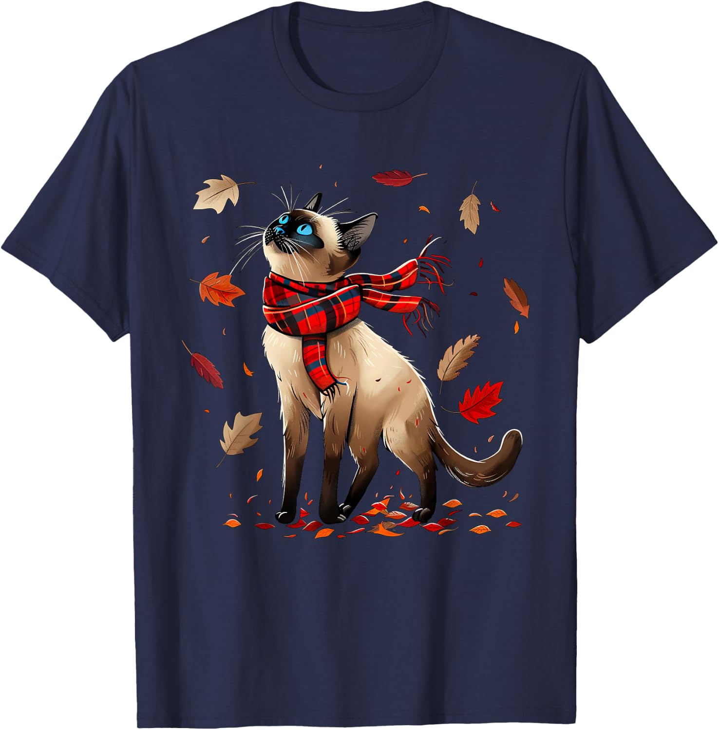 Retro Fall Leaf Siamese Cat Autumn Season Thanksgiving (kid) T-Shirt - T-Shirt | Navy