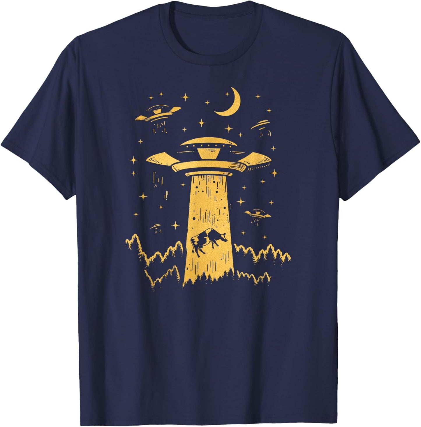 Cow Novelty UFO Alien Abduction Flying Saucer Cow Art T-Shirt - T-Shirt | Navy