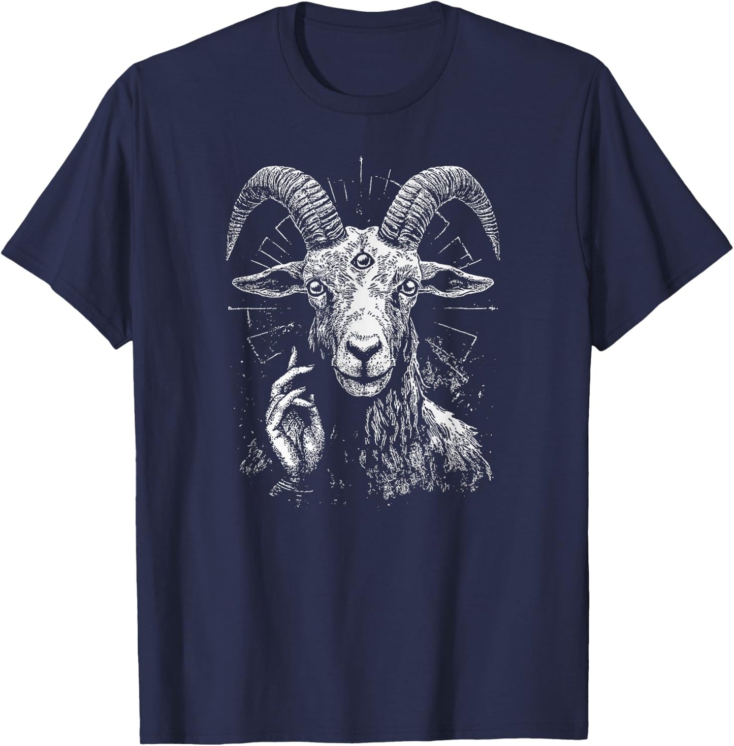 Satanic Goat With 3rd Eye And Sacred Blessing Hand Gesture T-Shirt - T-Shirt | Navy