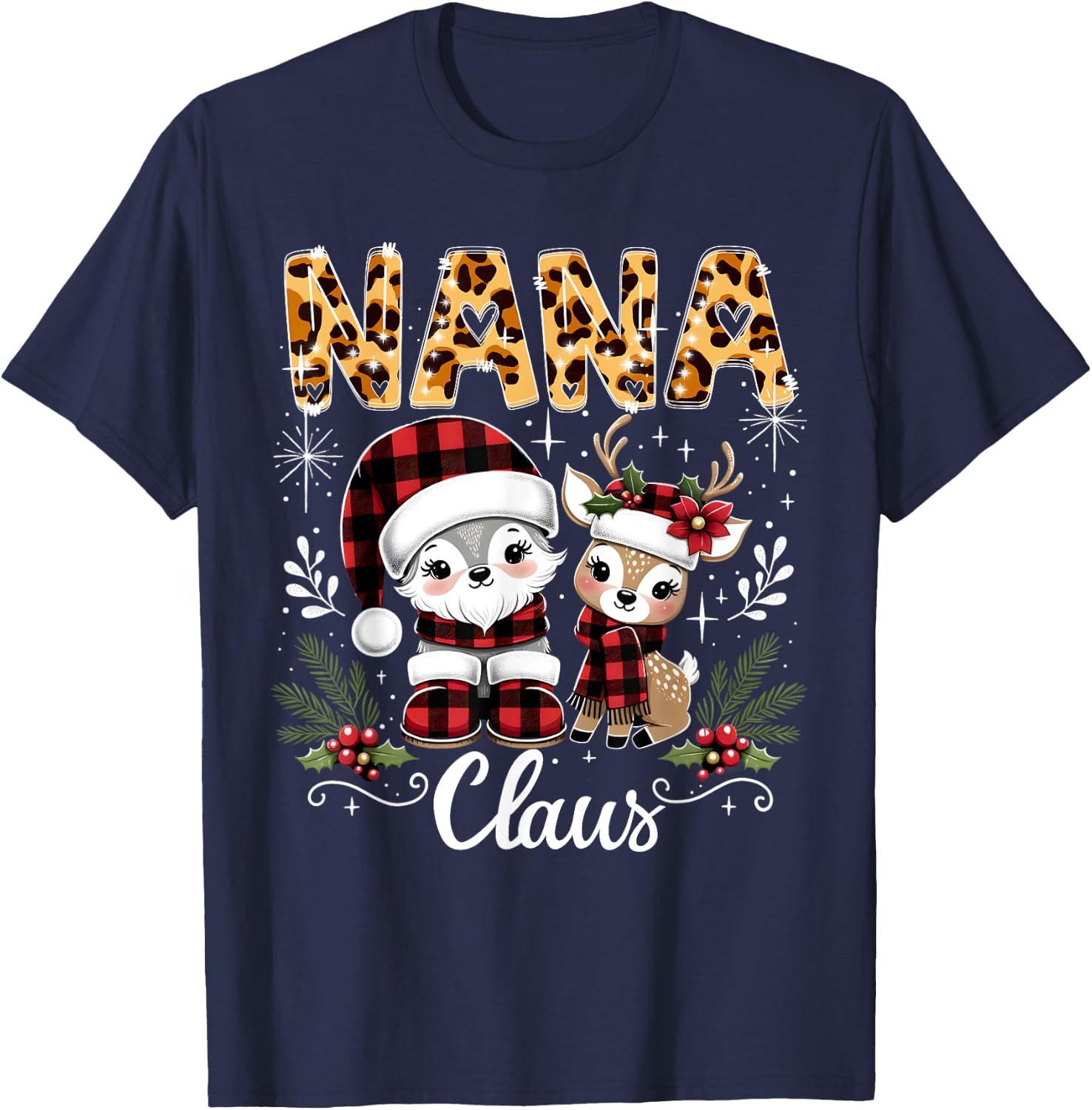 Christmas Nana Claus Grandma Leopard Buffalo Plaid Pjs Xmas T-Shirt - T-Shirt | Navy
