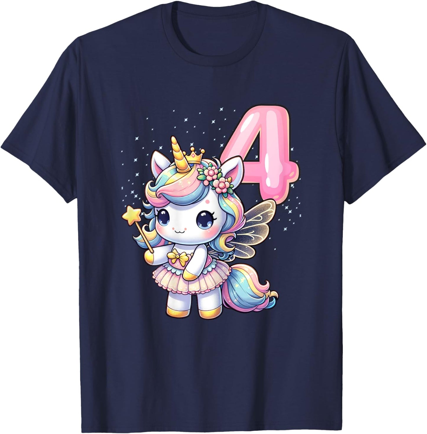 Unicorn Fairy 4th Birthday 4 Year Old Party Girls Outfit T-Shirt - T-Shirt | Navy