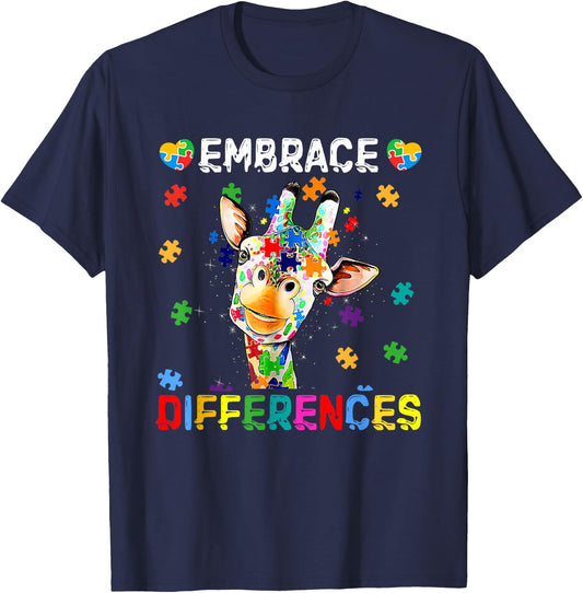 Giraffe Embrace Differences Puzzle Pieces Autism Awareness T-Shirt - T-Shirt | Navy
