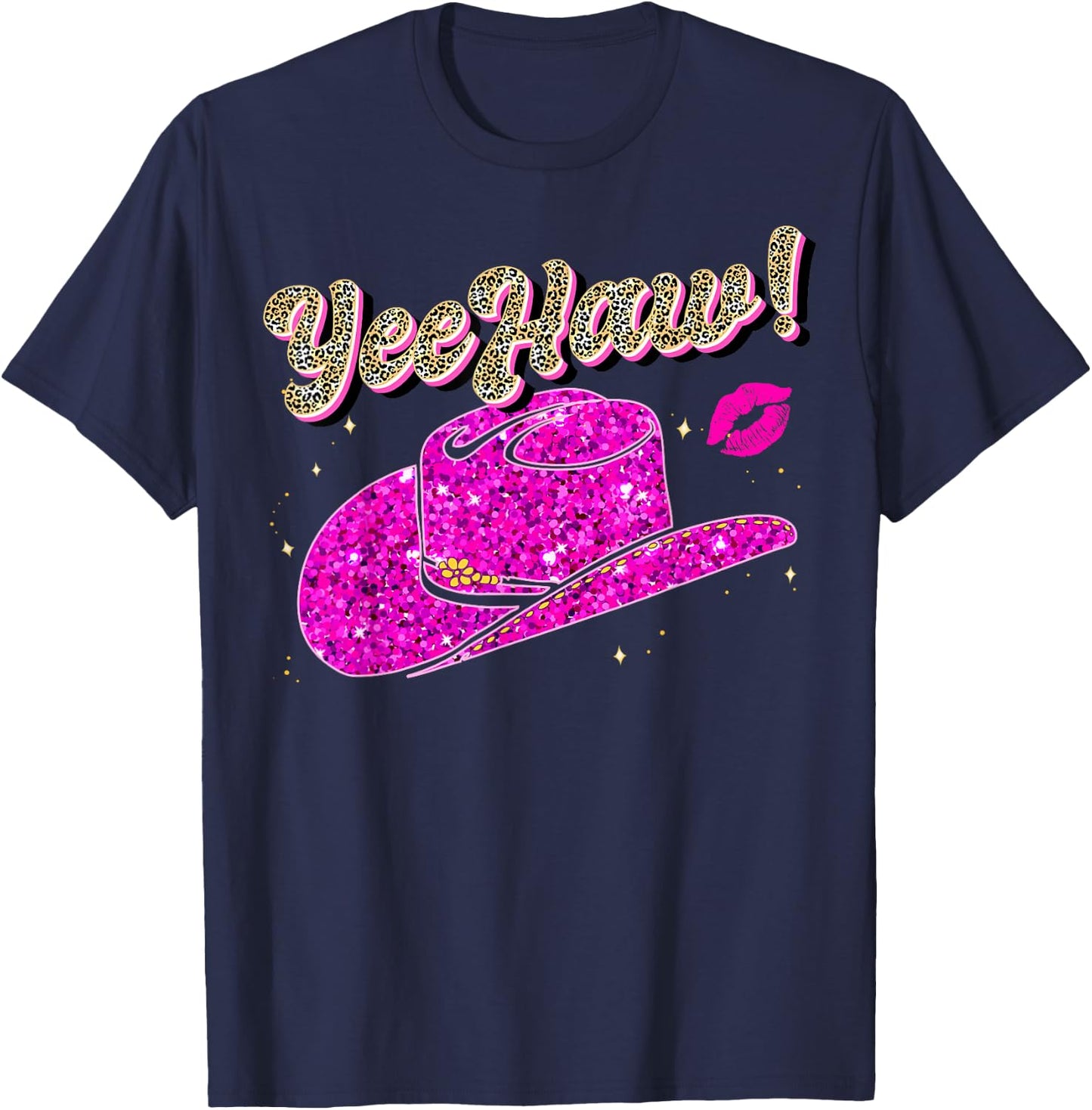 Yee Haw Howdy Pink Cowgirl Leopard Hat Yeehaw Women Girls T-Shirt - T-Shirt | Navy