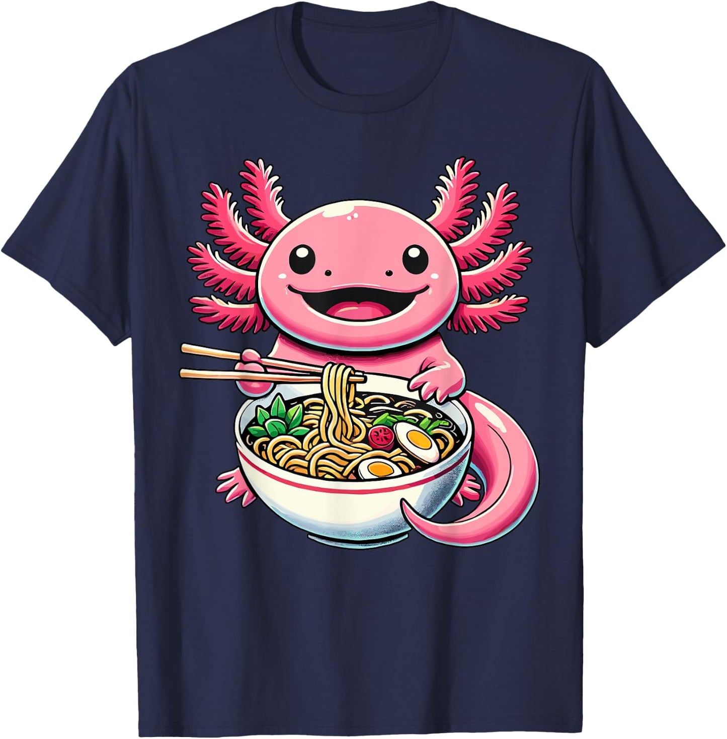 Kawaii Axolotl Eating Ramen Noodles Axolotl T-Shirt - T-Shirt | Navy