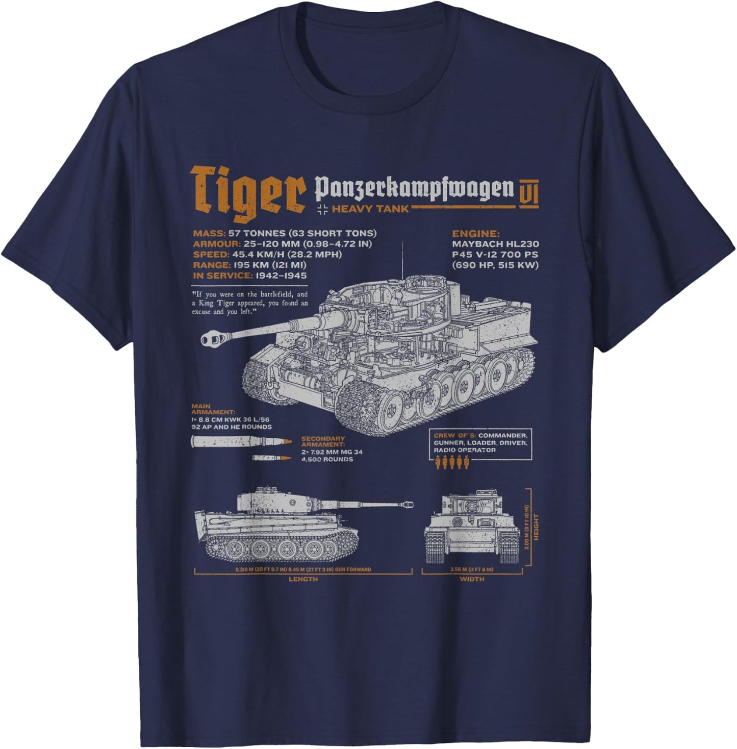 Tiger Tank Panzer PzKpfw VI World War 2 Blueprint T-Shirt - T-Shirt | Navy