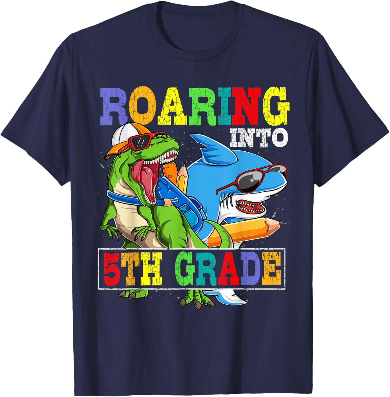 Roaring 5th Grade Dinosaur Shark Back to School Boys Kids T-Shirt - T-Shirt | Navy