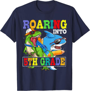 Roaring 5th Grade Dinosaur Shark Back to School Boys Kids T-Shirt - T-Shirt | Navy