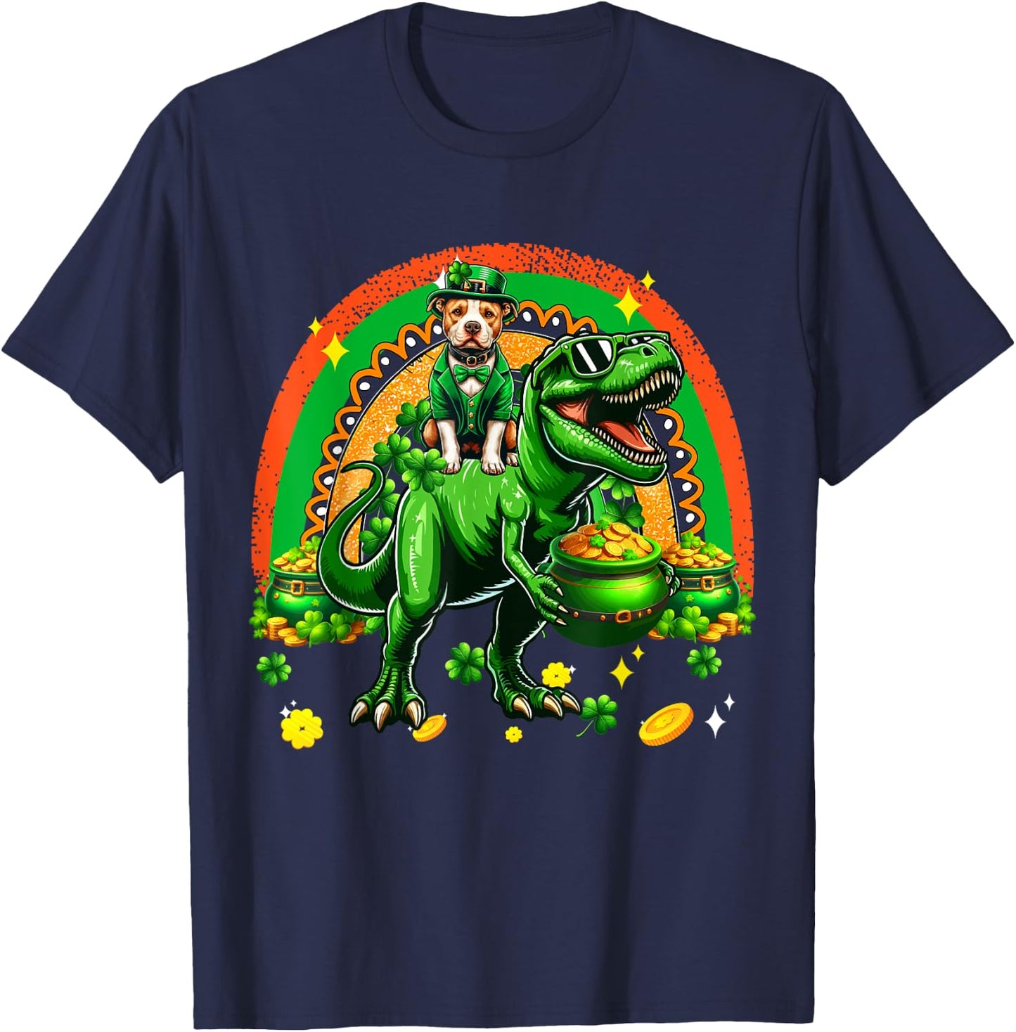 Patrick's Day Pit Bull Riding T-Rex Shamrocks Rainbow T-Shirt - T-Shirt | Navy