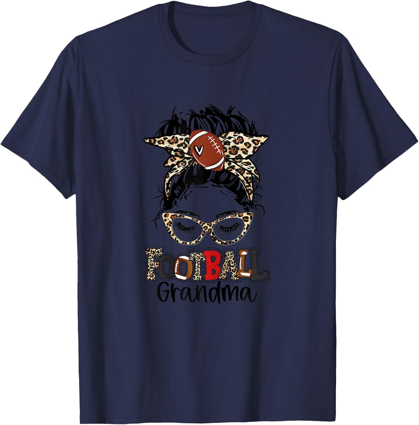 Leopard Messy Bun Football Grandma Game Day Mothers Day T-Shirt - T-Shirt | Navy