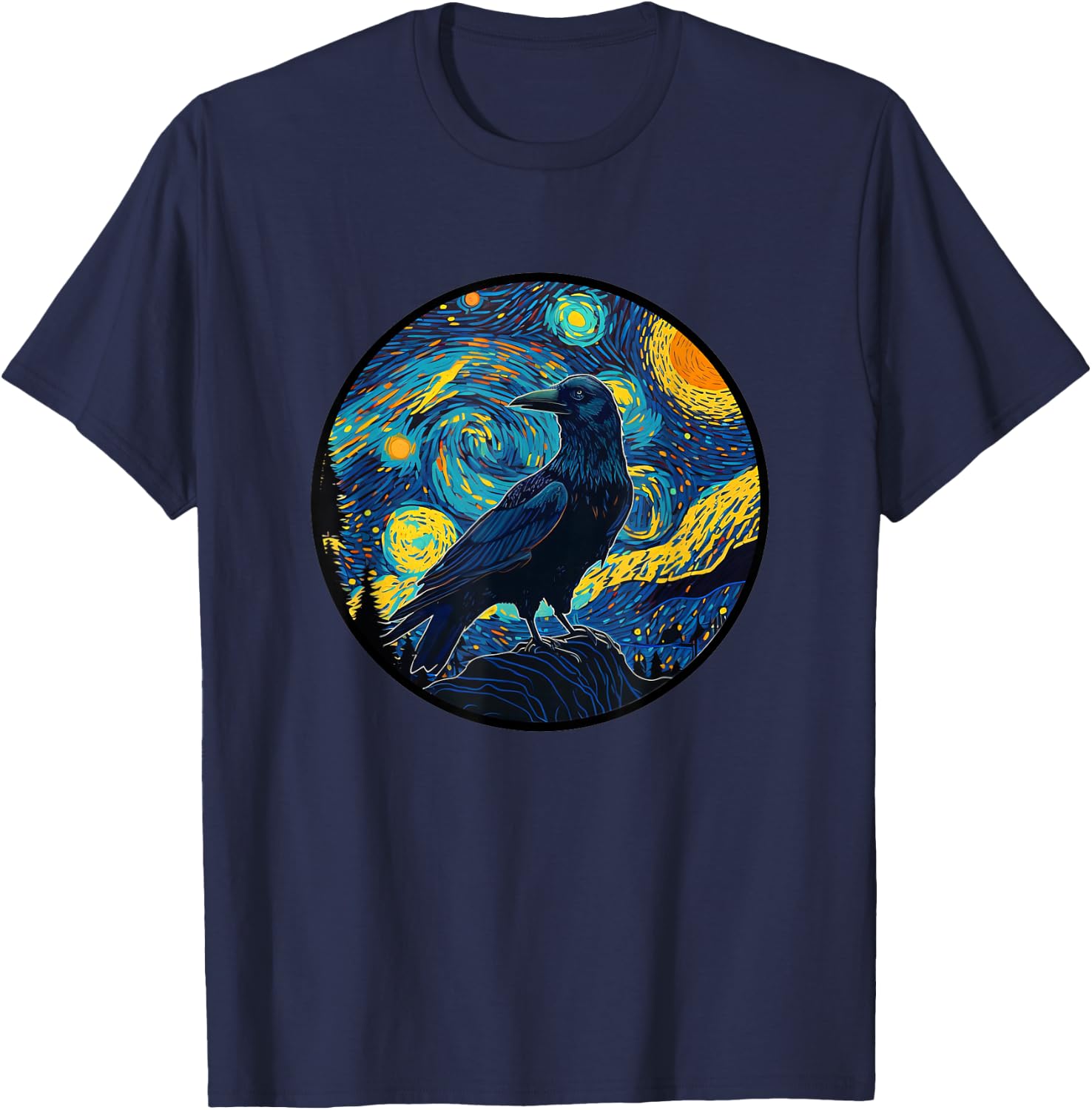 Crow in Starry Night Painting Men Women Kids T-Shirt - T-Shirt | Navy