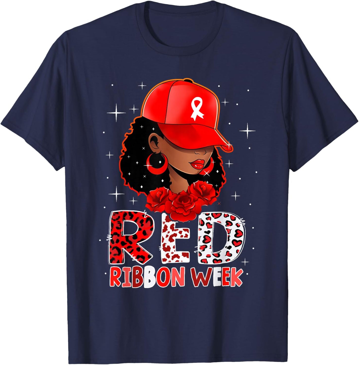 Black Girl Red Ribbon Week Leopard We Wear Red for Awareness T-Shirt - T-Shirt | Navy
