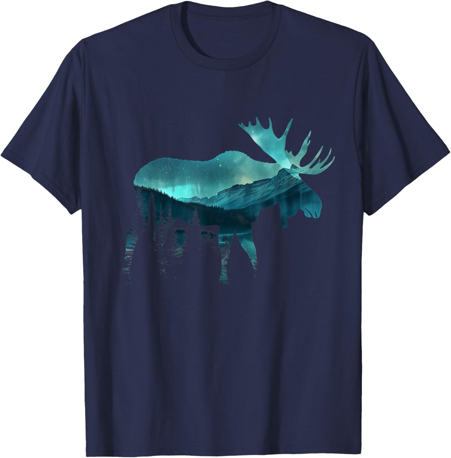 Moose Northern Light Winter Hiking Alaska Nature Lover T-Shirt - T-Shirt | Navy