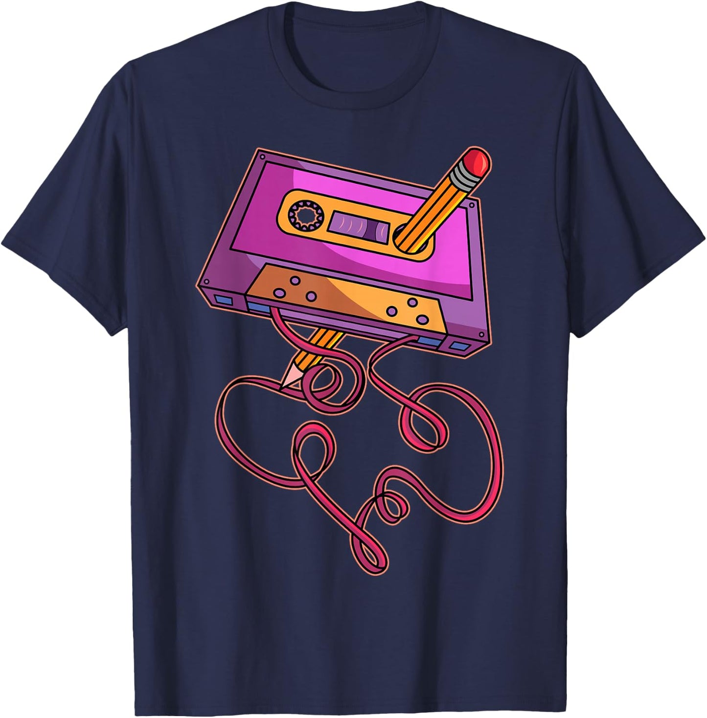 80s Cassette Tape Pencil 1980s Retro Vintage Throwback Music Short Sleeve T-Shirt - T-Shirt | Navy