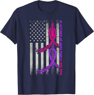 American Flag Breast Cancer and Domestic Violence Awareness T-Shirt - T-Shirt | Navy