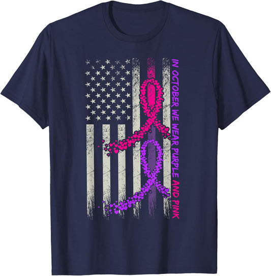 American Flag Breast Cancer and Domestic Violence Awareness T-Shirt - T-Shirt | Navy