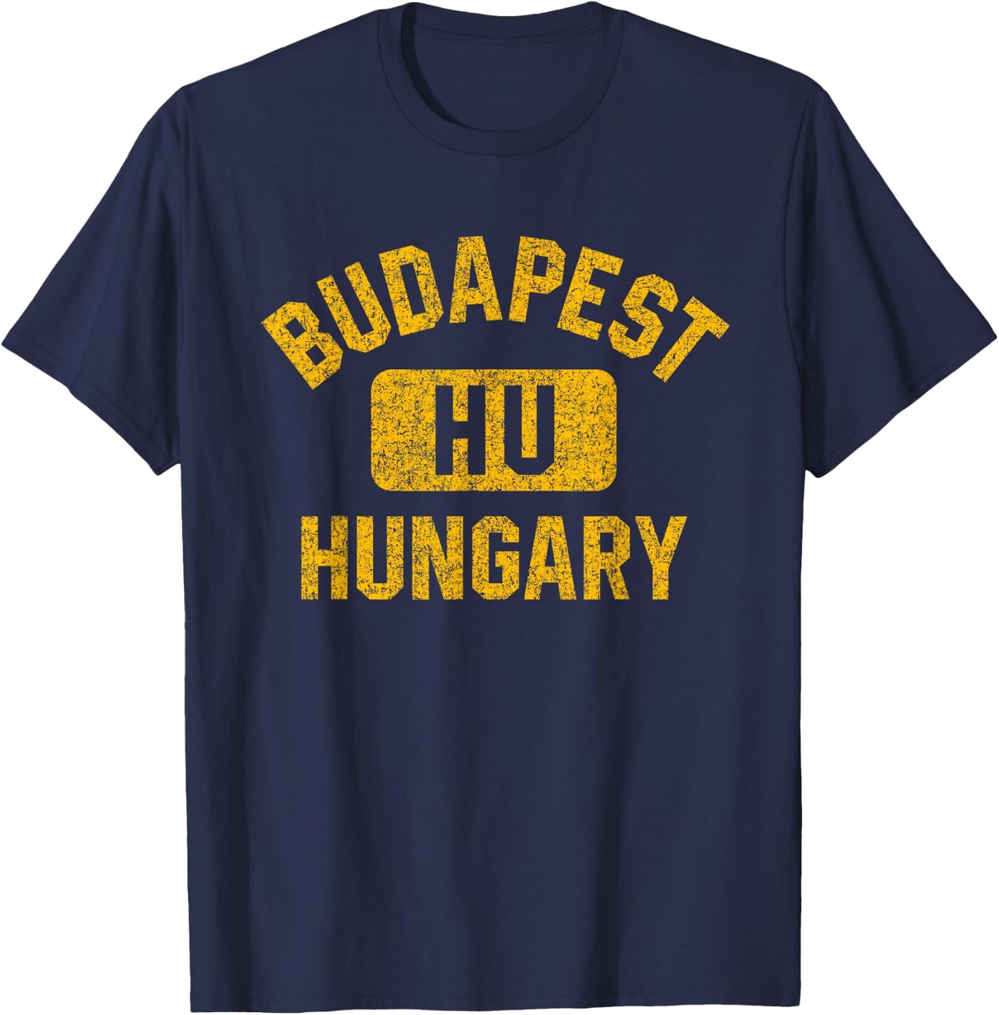 Budapest Hungary Gym Style Distressed Amber Print T-Shirt - T-Shirt | Navy