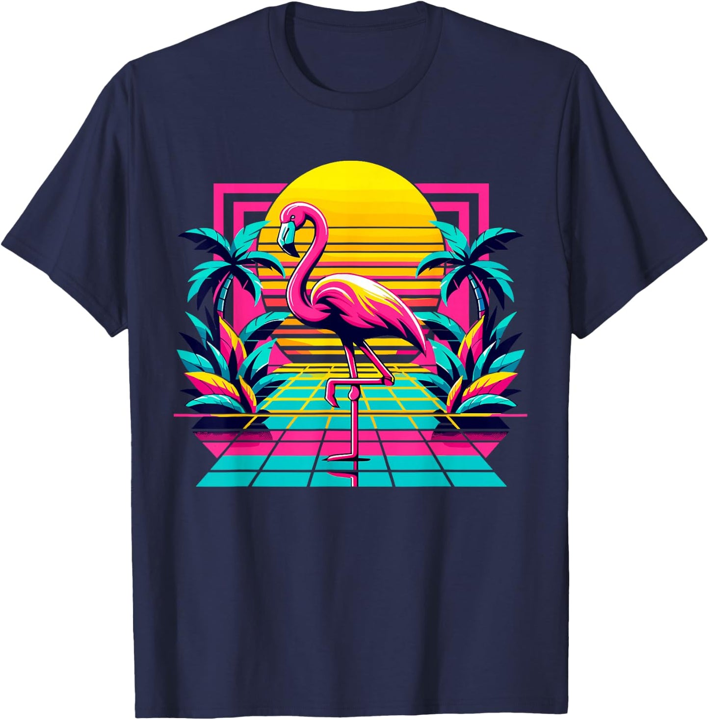 Pink Flamingo Palm Trees Tropical Summer T-Shirt - T-Shirt | Navy